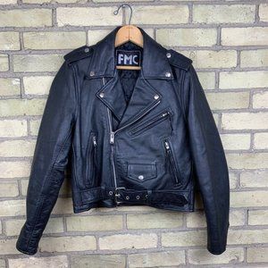 Vintage FMC black leather belted jacket 80's punk rock motorcycle
